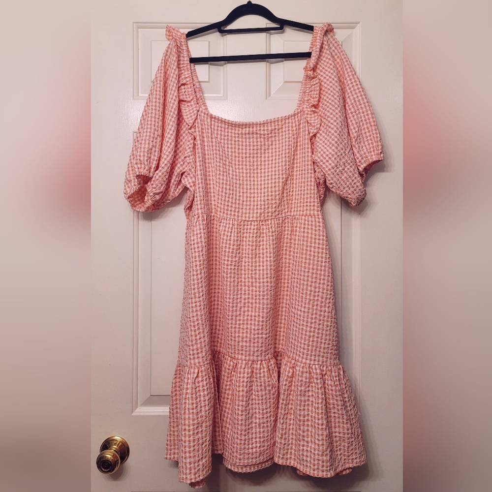 All In Love Peach Puff-Sleeved Ruffled Seersucker Gingham Dress - Size XL